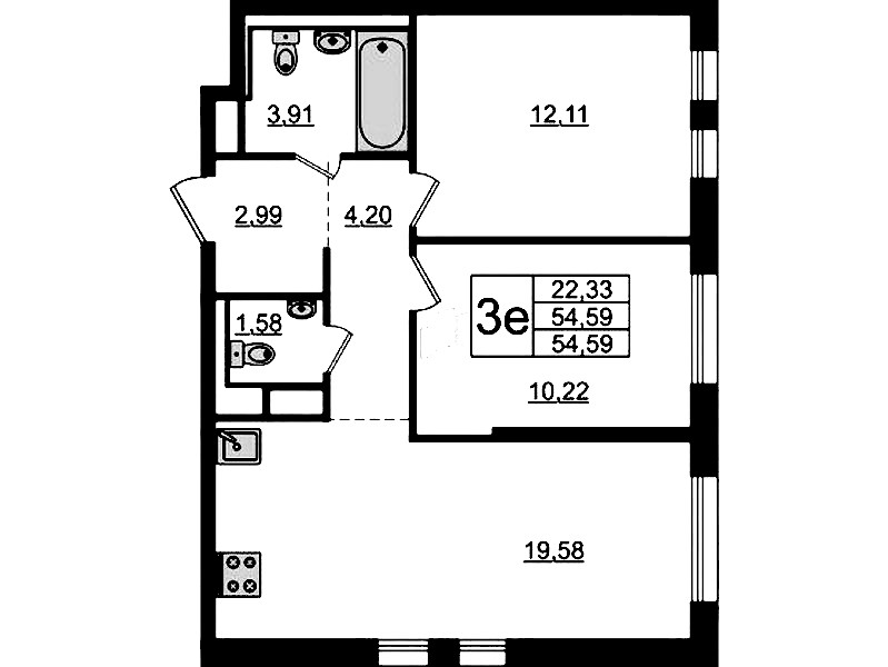 2-комнатная квартира 54.59 м², 2/12 эт., ЖК «Новые Лаврики»